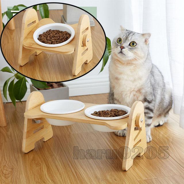 フードボウル 猫食器 猫用 フードボウルスタンド ペット用 食器 キャット 竹製 陶器 台付き小型犬用 高さ調節可能 傾斜 餌やり 2連 2皿 3皿 ペット食器 Pet 晴 通販 Yahoo ショッピング