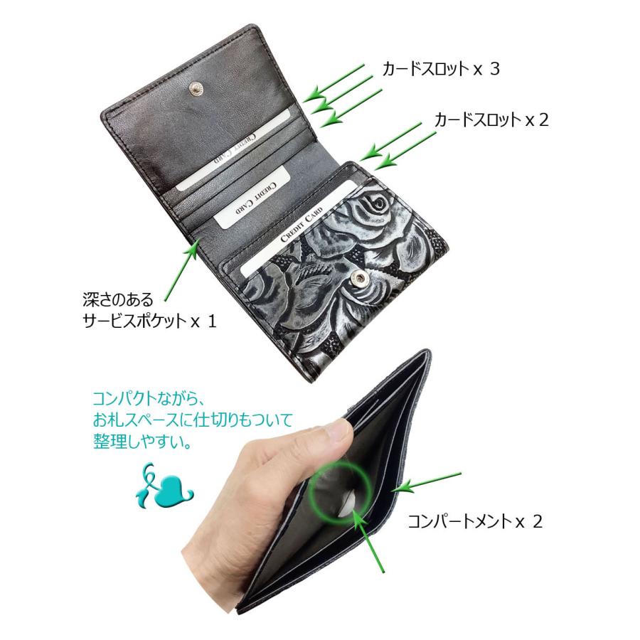 コンパクト 小型 折財布 バラ 型押し メタリック ローズ レディース