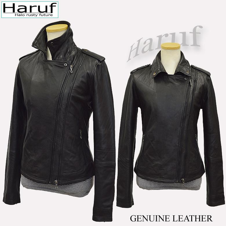 美品『ハルフ Haruf』ダブルライダースジャケット/羊革/レザー/ブラック/L Haruf（ハルフ） レザージャケット ライダースジャケット レディース