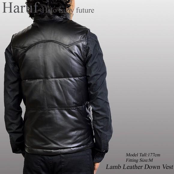 もなか　u982 L 黒　オールレザー　羊革　ダウンベスト　フェザー入り Haruf ダウンベスト メンズ 本革 レザーベスト ダウン シンプル
