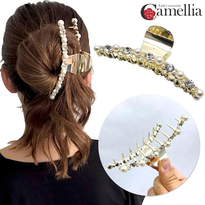 ストーン付きゴールドヘアクリップ バンスクリップ メタルヘアクリップ ラインストーン＆フラワー