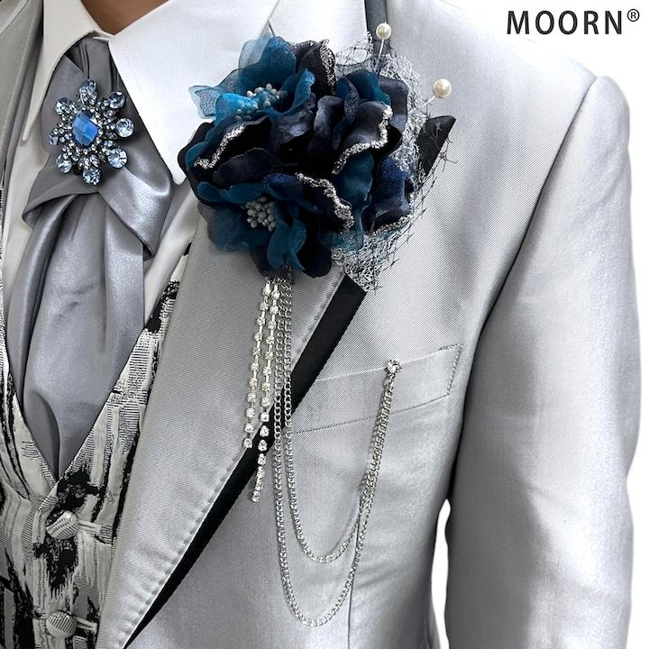 コサージュ メンズ ネイビー ブルー ターコイズブルー 青 紺 チェーン