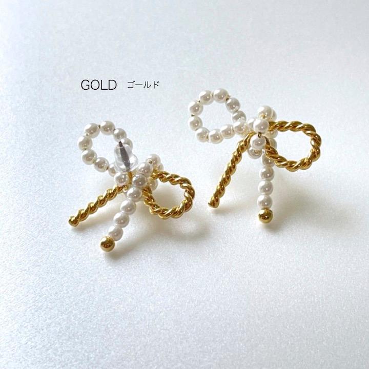 ピアス パール リボン 結婚式 可愛い ゴールド レディース : HaruHaru