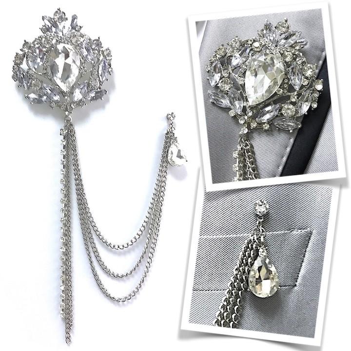 ブローチ クリスタル チェーン メンズ ゴージャス ストーン コサージュ