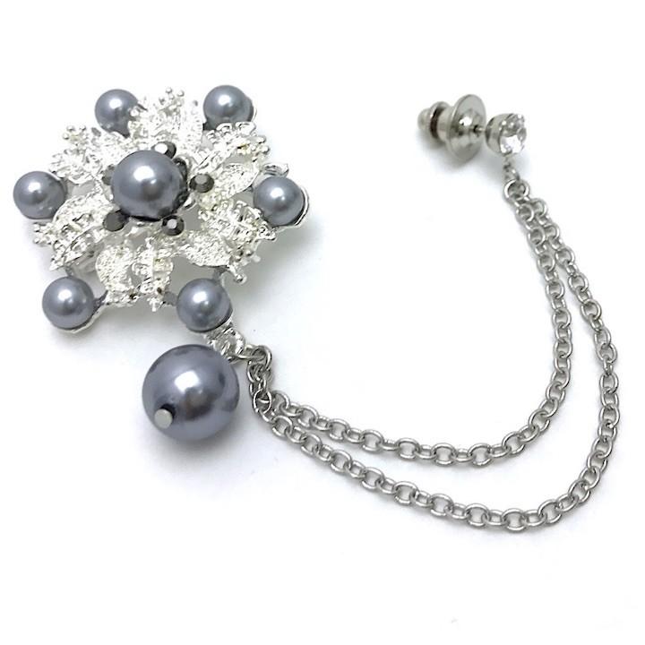 パール キラキラストーン シルバー ヴィンテージ ブローチ メンズ レディース ブローチ メンズ パール チェーン ブルーグレー ゴージャス コサージュ