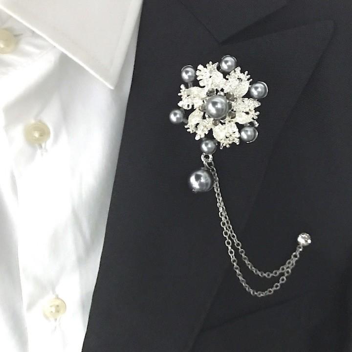 パール キラキラストーン シルバー ヴィンテージ ブローチ メンズ レディース ブローチ メンズ パール チェーン ブルーグレー ゴージャス コサージュ