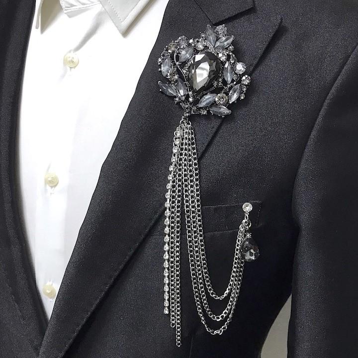 ブローチ クリスタル チェーン メンズ ゴージャス ストーン コサージュ
