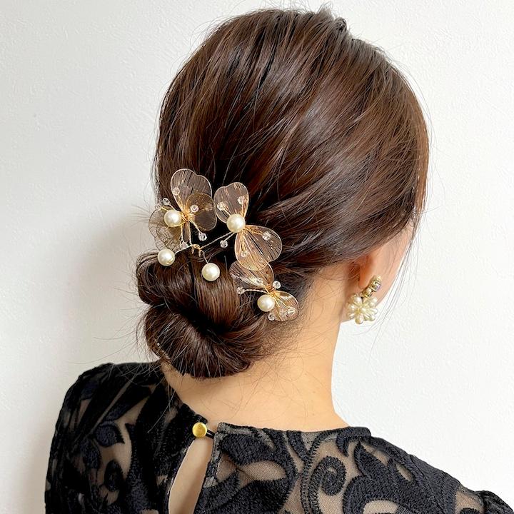 結婚式 ヘアアクセサリー パール Uピン 2点セット 植物 リーフ ビーズ