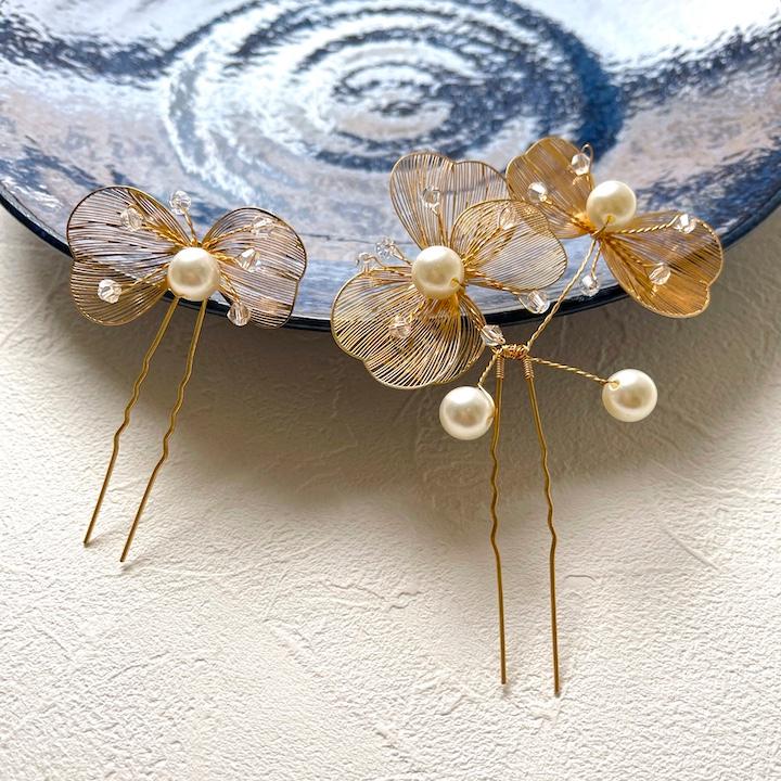 結婚式 ヘアアクセサリー パール Uピン 2点セット 植物 リーフ ビーズ