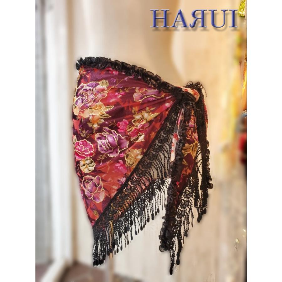 新入荷 ベリーダンス ベロア 花柄 ヒップスカーフ 赤 黒 : Costume
