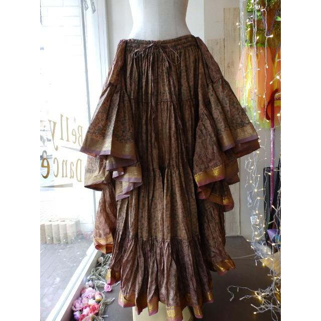 新色 インド製 25ヤード スカート プリント柄 ベージュ 紫系 金織込み :inp25-p01:Costume Shop HARUI