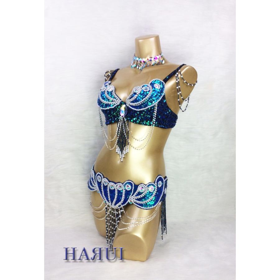 ベリーダンス 衣装 パールデザイン ブラ ベルト 2点セット 青