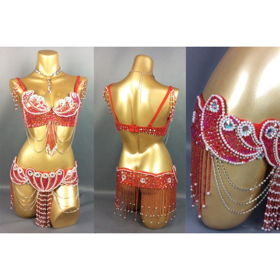 ベリーダンス 衣装 パールデザイン ブラ ベルト 2点セット　レッド |  | 02