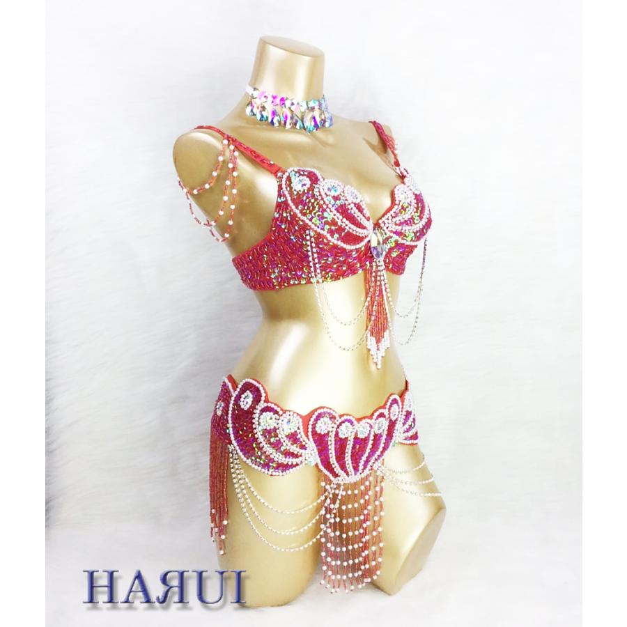 ベリーダンス 衣装 パールデザイン ブラ ベルト 2点セット　レッド |  | 01