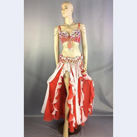 ベリーダンス 衣装 パールデザイン ブラ ベルト 2点セット　レッド |  | 03