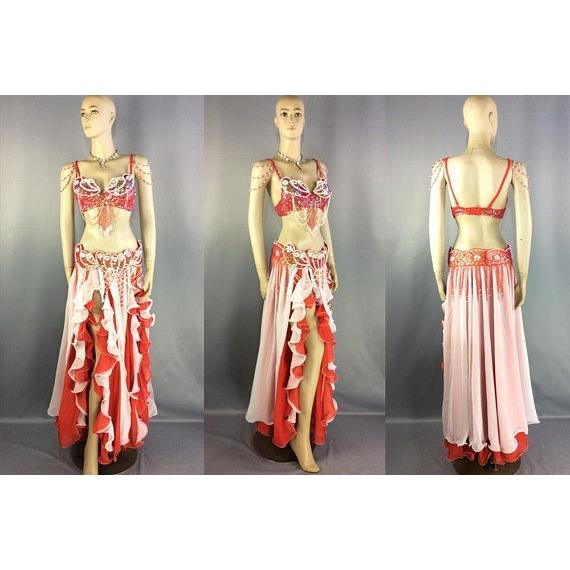 ベリーダンス 衣装 パールデザイン ブラ ベルト 2点セット　レッド |  | 04