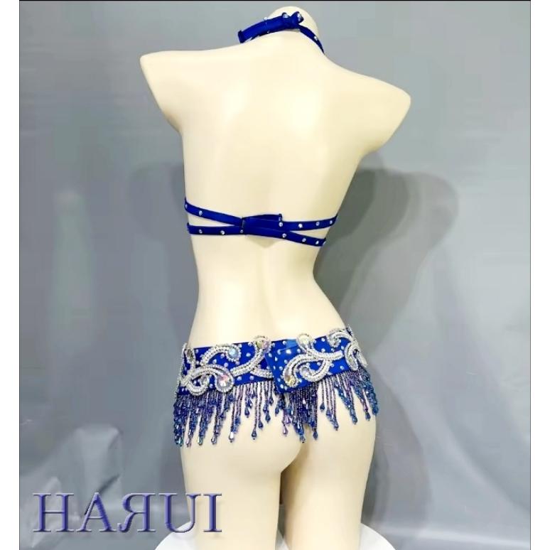 新入荷 ベリーダンス 衣装 ブラ ベルト 上下2点 セット 青 : Costume
