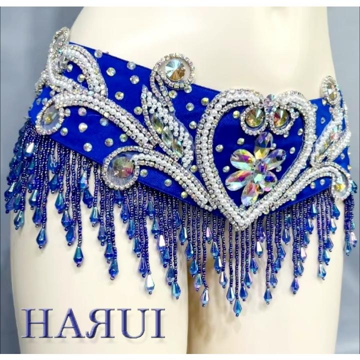 新入荷 ベリーダンス 衣装 ブラ ベルト 上下2点 セット 青 : Costume