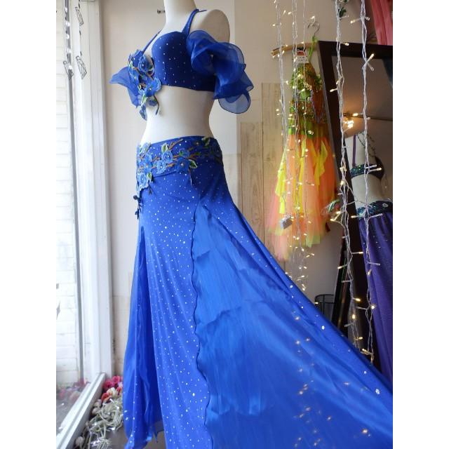 Mサイズ ベリーダンス衣装 ブラベルトスカートセット　青 新作 ベリーダンス 刺繍 フラワー 衣装 ブラ ベルト スカート 3点