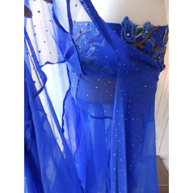 ベリーダンス衣装　青いフリル付き刺繍ドレス ベリーダンス衣装/セミオーダードレス ゴールデン豪華高級