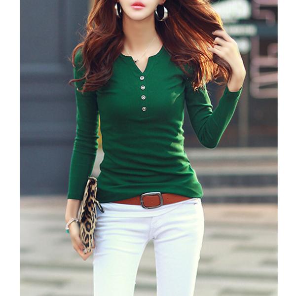 トップス Vネック ボタン 長袖 Tシャツ レディース : はるもけあヤフー  