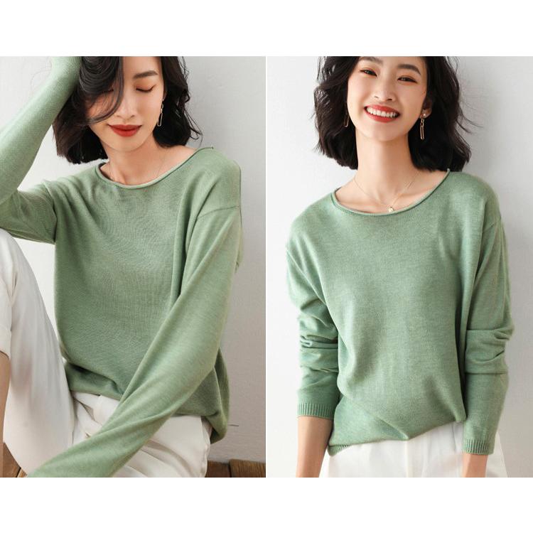 トップス 薄手 ニット セーター ラウンド ネック スラッシュド