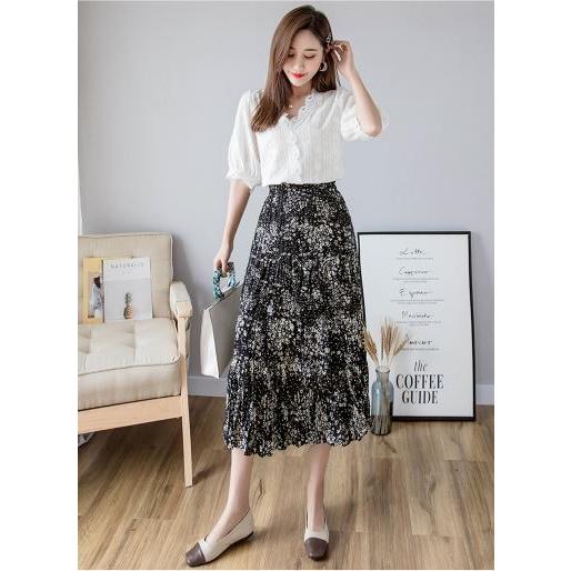 ボトムス 花柄 シフォン スカート ミモレ丈 ハイウエスト レディース