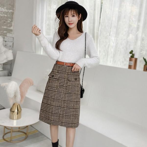 ボトムス ひざ丈 スカート ハイウエスト バックヒップ グレンチェック