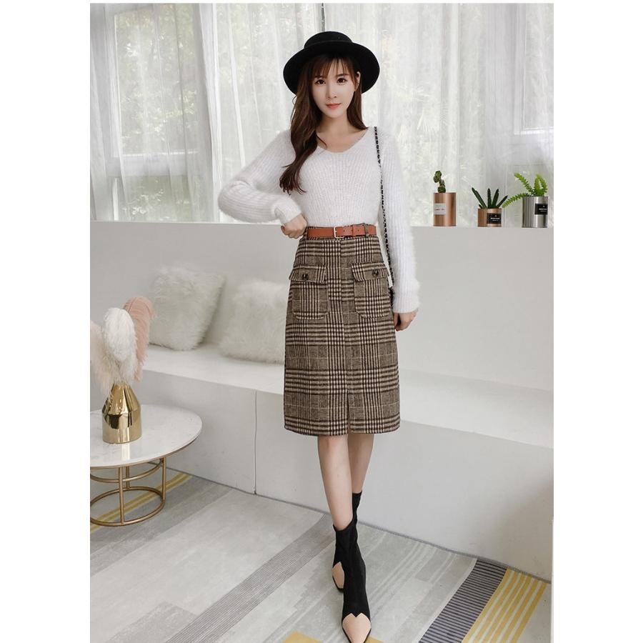 ボトムス ひざ丈 スカート ハイウエスト バックヒップ グレンチェック