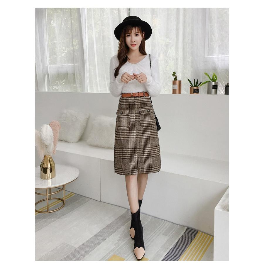 PG チェックスカート&ボールポーチ ボトムス ひざ丈 スカート ハイウエスト バックヒップ グレンチェック