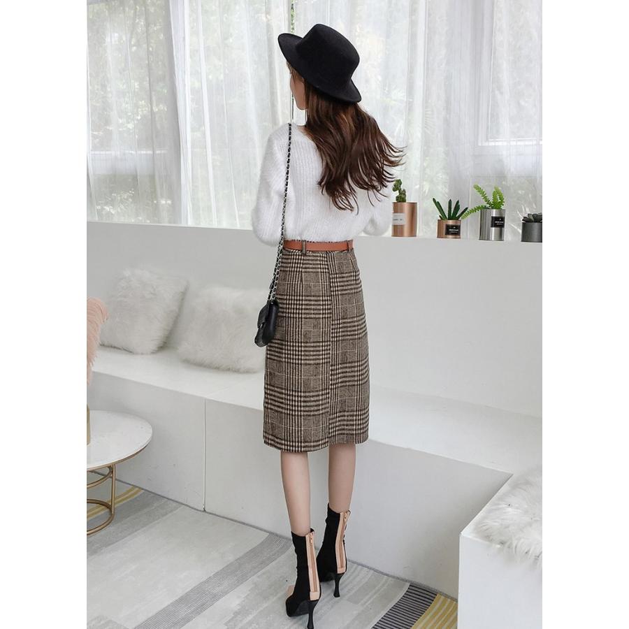 ボトムス ひざ丈 スカート ハイウエスト バックヒップ グレンチェック