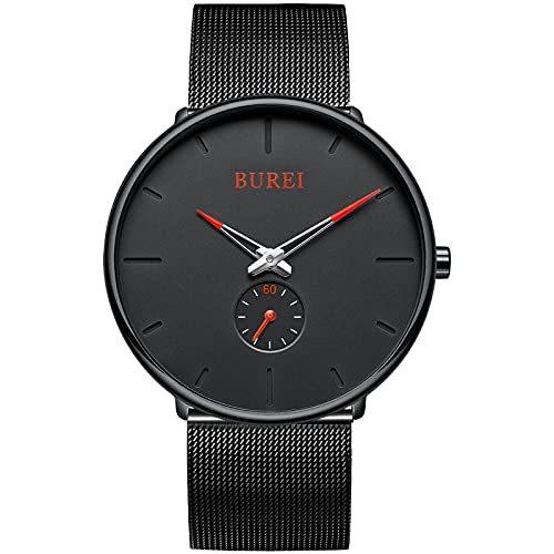 Burei 腕時計 メンズ シンプル ブラック 人気 おしゃれ ランキング メンズ ネットベルト 腕時計 レッド針 防水 黒 男性 誕生日 プレゼント 液晶保護フィルム Kingsafaritours Com