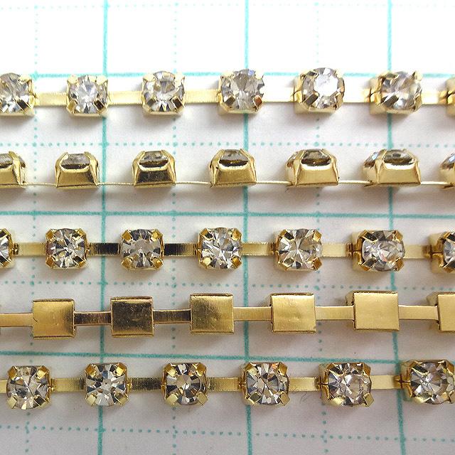 Swarovski ラインストーンチェーン（クリスタルガラス連爪、合計7.2m） 連爪 チェーン 3mm 0.1m 10cm ブロンズゴールド 連ツメ ガラスストーン
