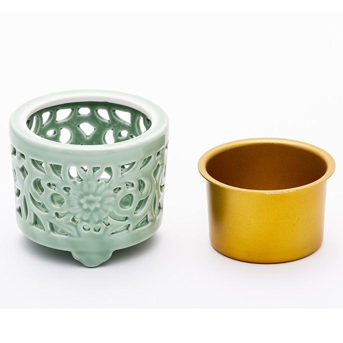 青釉透かし彫龍紋香炉 香道具 仏具 陶磁器 工芸品 置物 青釉透かし彫龍