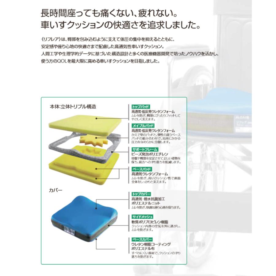 車いすクッション リフレア アルケア 高通気性 車椅子 スカイブルー 体