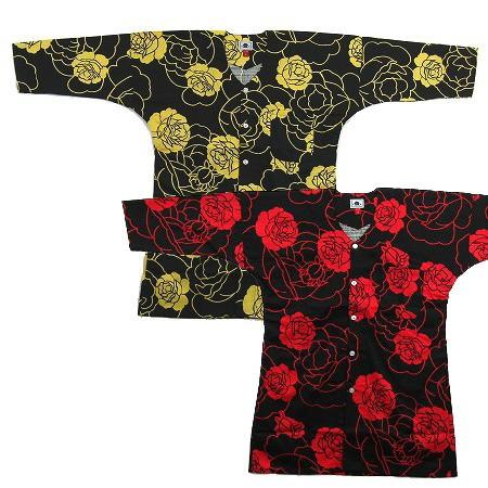 鯉口シャツ 祭り用品 鯉口【大薔薇 大バラ 赤・黄色 女性用小〜特大 黒と赤の薔薇鯉口シャツ祭り