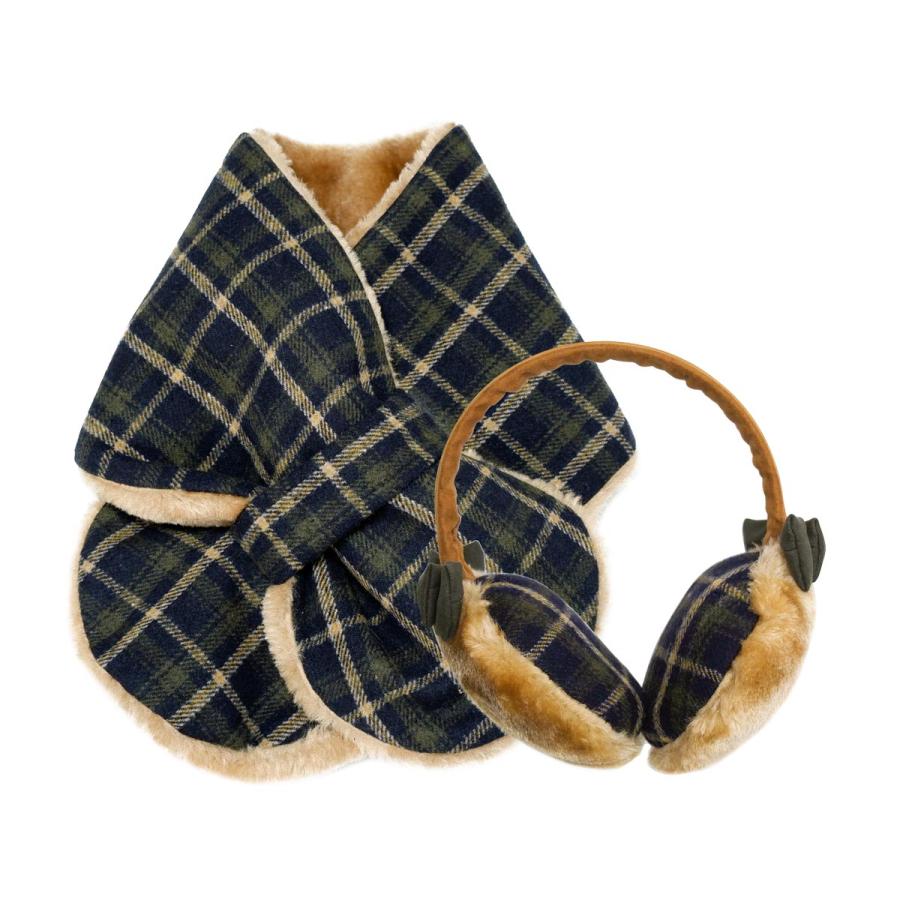 2点セット】マフラー＆イヤマフ キッズ 子ども 秋冬 ファー チェック柄