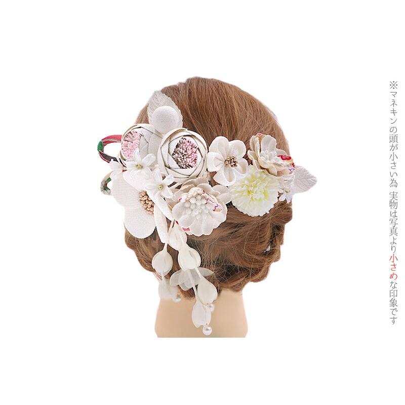 髪飾り 成人式 つまみ細工 振袖 袴 花 2点セット 白 ゴールド ちりめん 下がり パールビーズ 玉飾り 組紐　和柄 大きい 小さい No.12-0412 | ブランド登録なし | 03