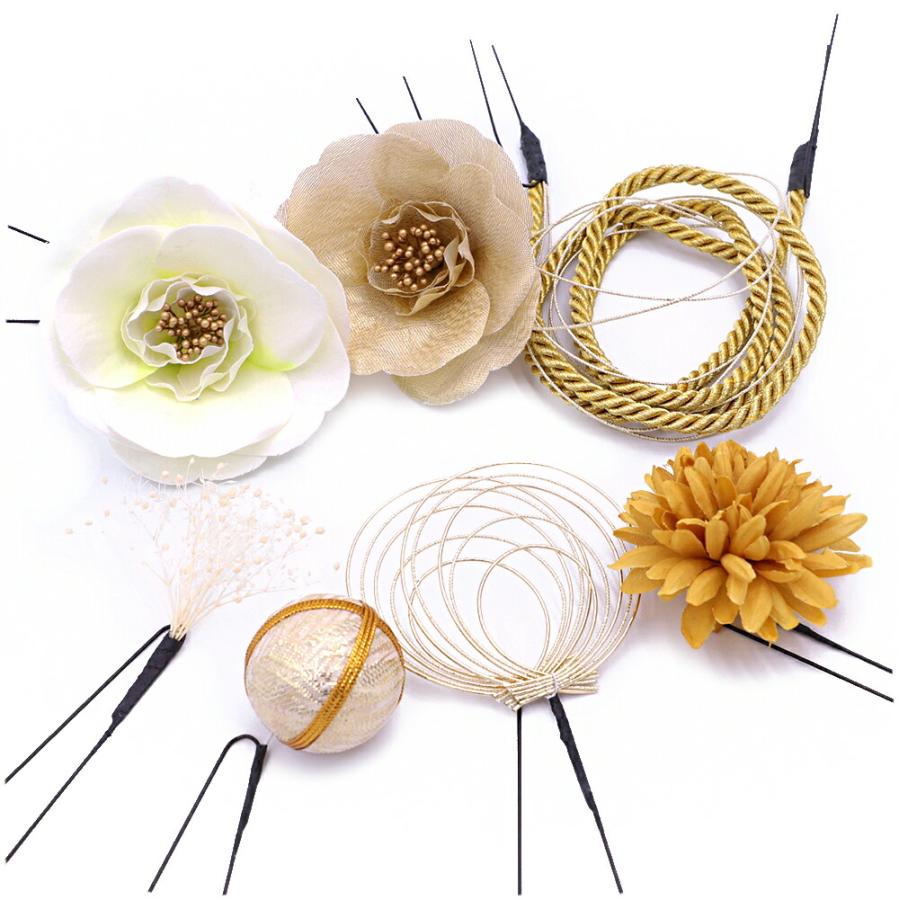 髪飾り 成人式 水引 振袖 袴 花 7点セット 白 ゴールド オフホワイト 黄色 山吹色 花 椿 菊 かすみそう 造花 組紐 玉飾り Ｕピ No.12-0954 | ブランド登録なし | 09