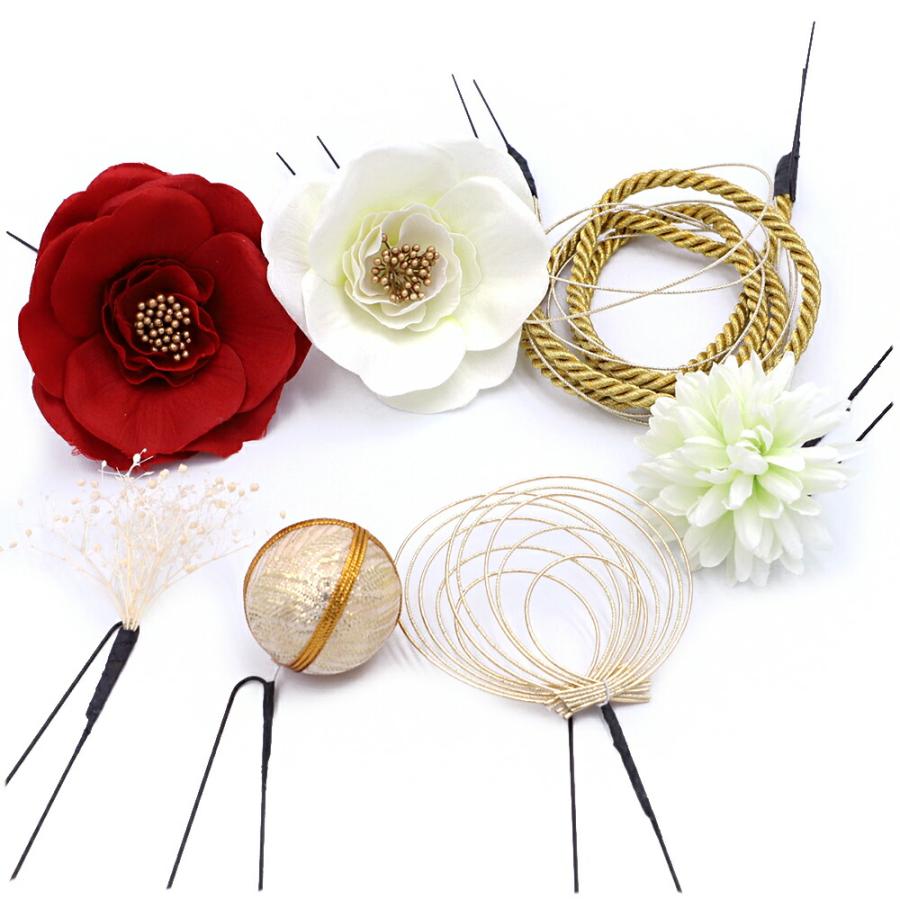 髪飾り 成人式 水引 振袖 袴 花 7点セット 赤 白 ゴールド オフホワイト 花 椿 菊 かすみそう 造花 組紐 玉飾り Ｕピン 和装 大 No.12-0955 | ブランド登録なし | 09