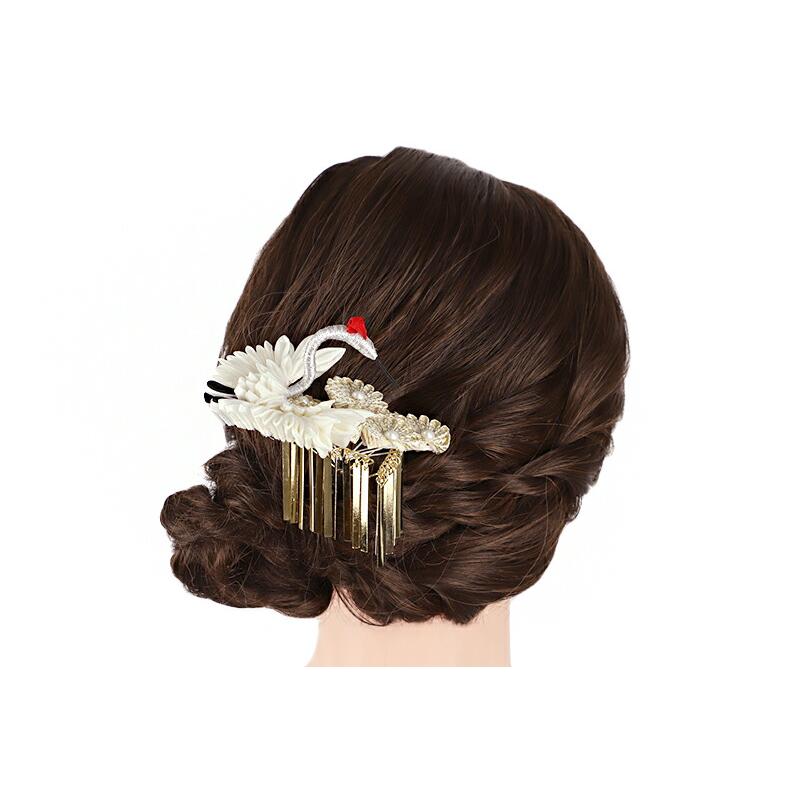 髪飾り 成人式 つまみ細工 振袖 袴 一本差し 白 ゴールド 銀 赤 オフホワイト ちりめん ビラ簪 鶴 松 和柄 かんざし 大人可愛い No.12-1000 | ブランド登録なし | 04