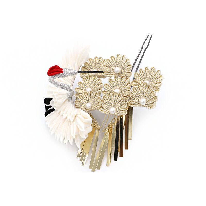 髪飾り 成人式 つまみ細工 振袖 袴 一本差し 白 ゴールド 銀 赤 オフホワイト ちりめん ビラ簪 鶴 松 和柄 かんざし 大人可愛い No.12-1000 | ブランド登録なし | 07