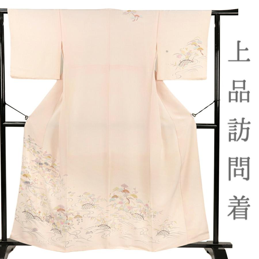 訪問着 正絹 ピンク ピンクベージュ ちりめん 花 楓 紅葉 萩 流水 観世 