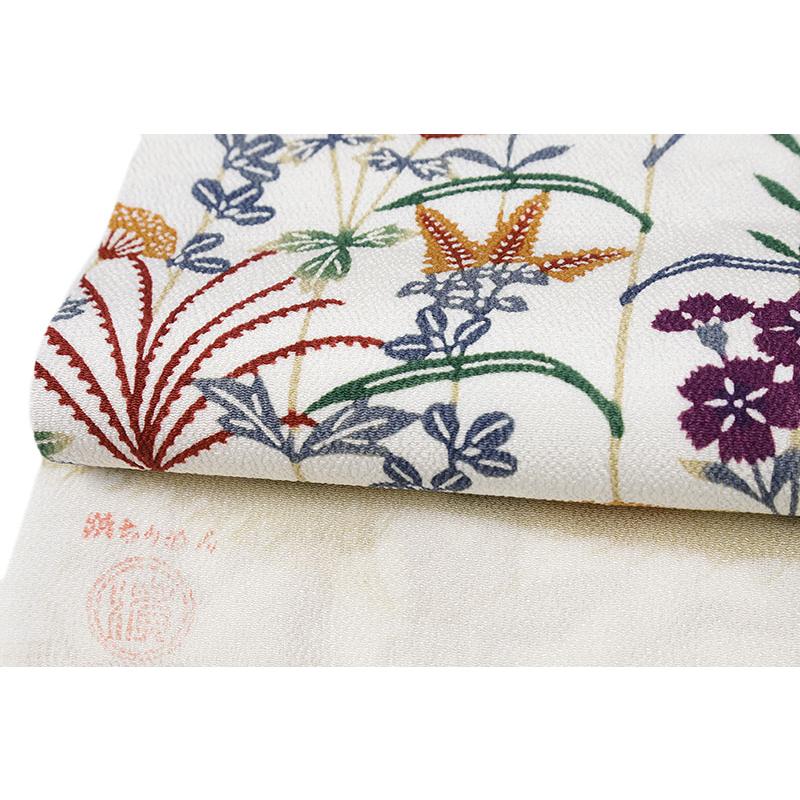 紅型 名古屋帯 栗山吉三郎 未使用 白 正絹 ベージュ 花 九寸