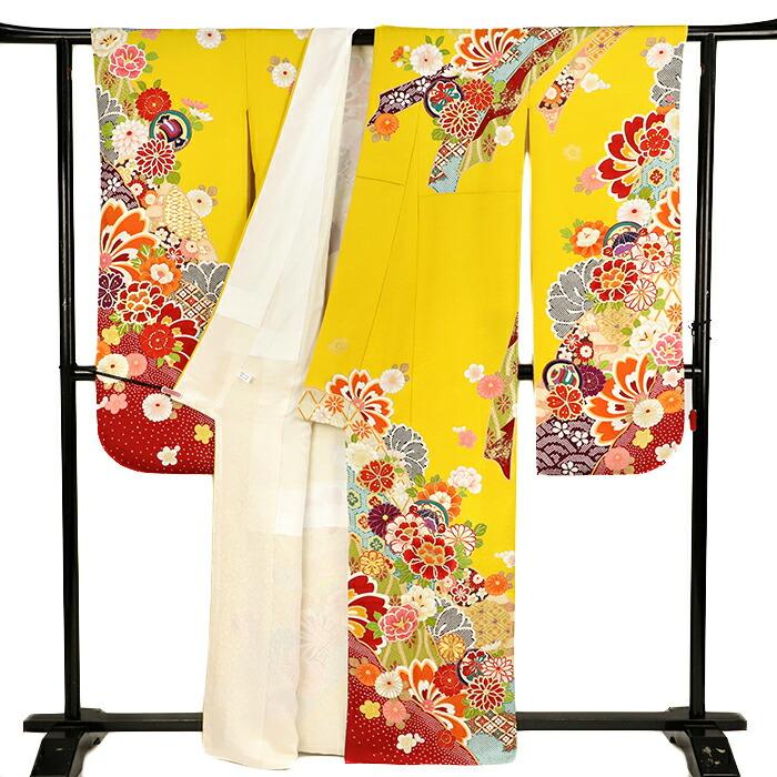 中古 振袖 成人式 リサイクル アウトレット 正絹 黄色 赤 菊 椿