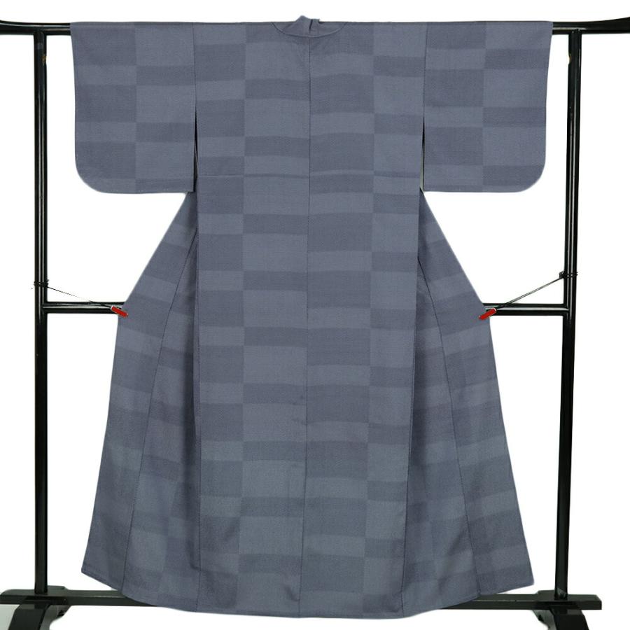 本塩沢 単衣 塩沢絣 正絹 中古 着物 リサイクル 新古品 青 100亀甲