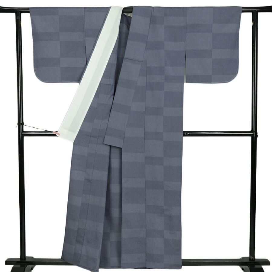 本塩沢 単衣 塩沢絣 正絹 中古 着物 リサイクル 新古品 青 100亀甲