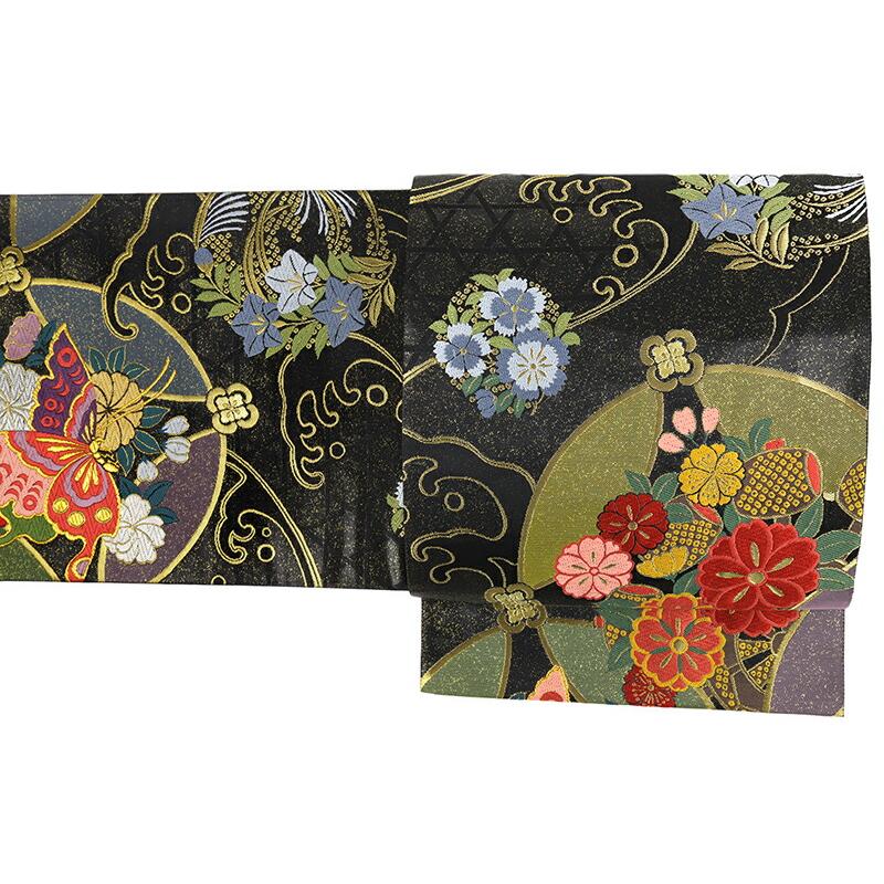 袋帯　正絹　黒系　花　超美品！ 袋帯 中古 リサイクル 正絹 黒 唐織 花の丸 撫子 桔梗 桜 波 蝶 金糸