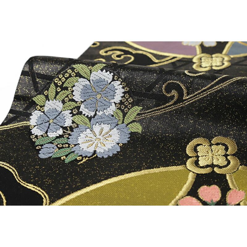 袋帯　正絹　黒系　花　超美品！ 袋帯 中古 リサイクル 正絹 黒 唐織 花の丸 撫子 桔梗 桜 波 蝶 金糸