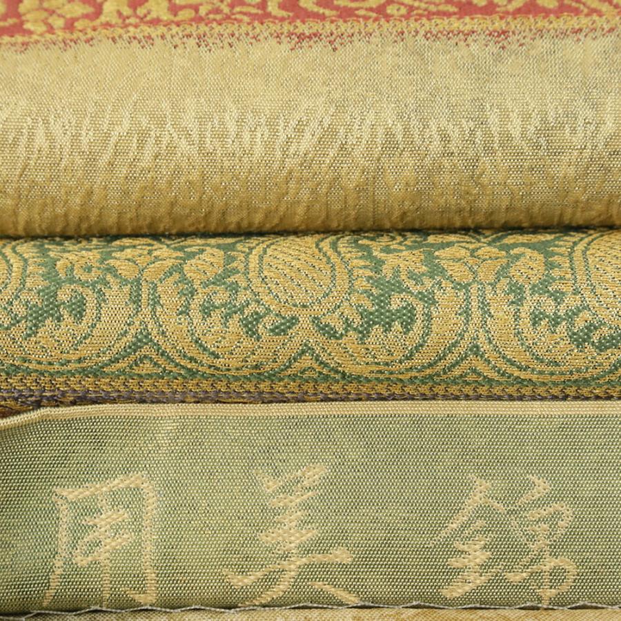 袋帯 全通 渡文 用美錦 正絹 中古 未使用 黄 朱 緑 横段 動物 インド 